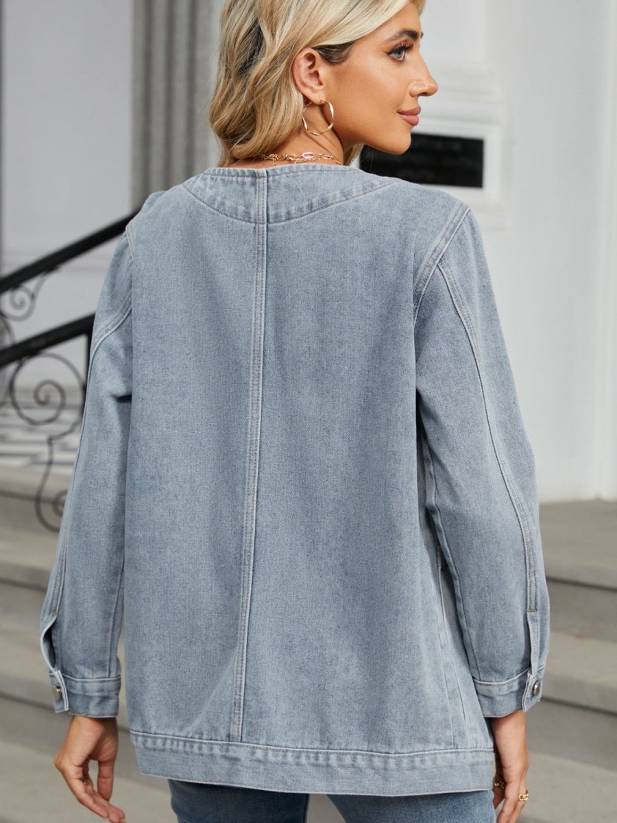 Pocketed V - Neck Button Up Denim Jacket - Outerwear