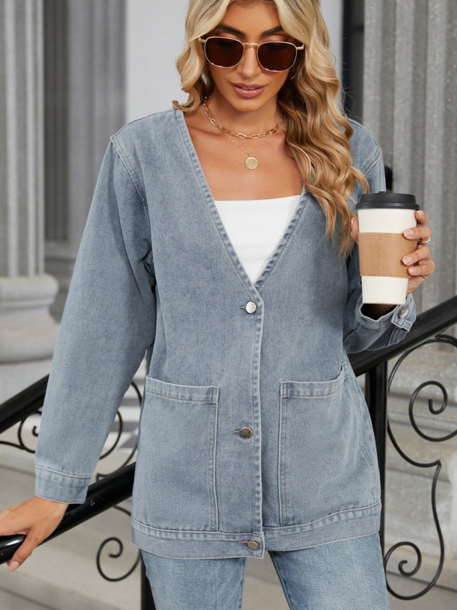 Pocketed V - Neck Button Up Denim Jacket - Outerwear