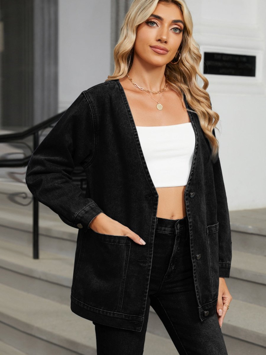 Pocketed V - Neck Button Up Denim Jacket - Outerwear