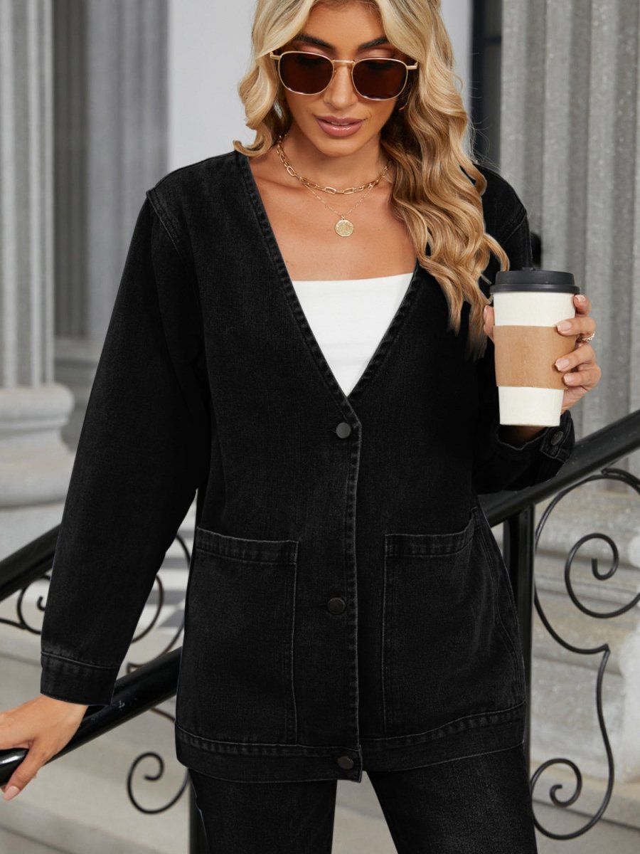 Pocketed V - Neck Button Up Denim Jacket - Outerwear