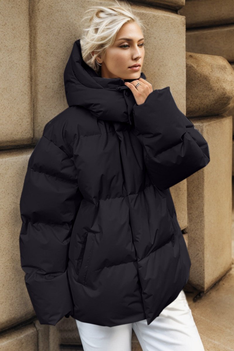 Pocketed Zip Up Hooded Puffer Jacket - Outerwear