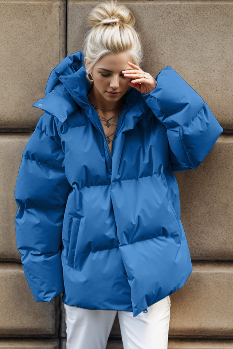 Pocketed Zip Up Hooded Puffer Jacket - Outerwear
