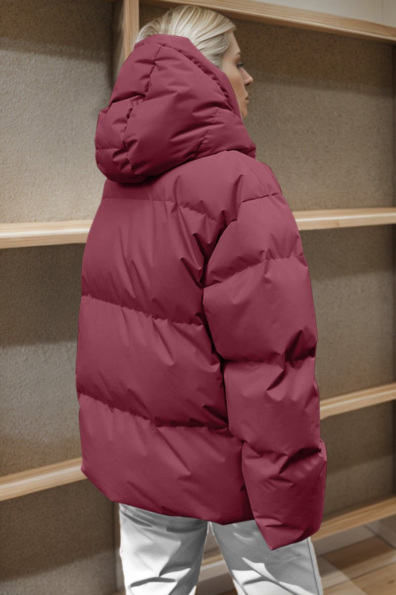 Pocketed Zip Up Hooded Puffer Jacket - Outerwear