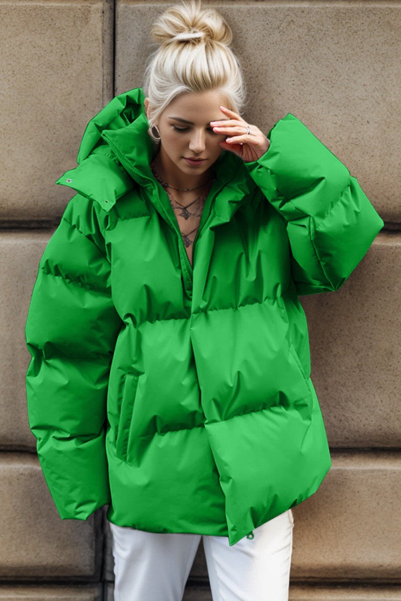 Pocketed Zip Up Hooded Puffer Jacket - Outerwear