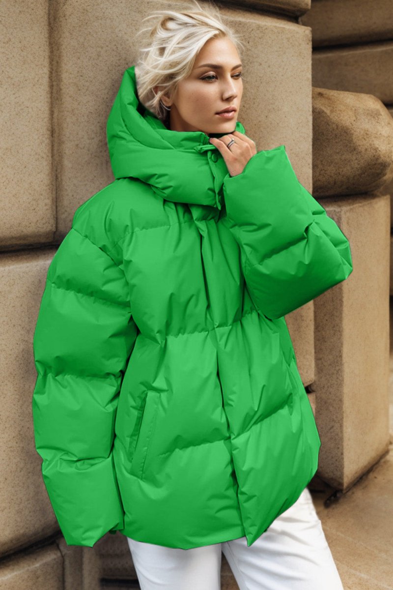 Pocketed Zip Up Hooded Puffer Jacket - Outerwear