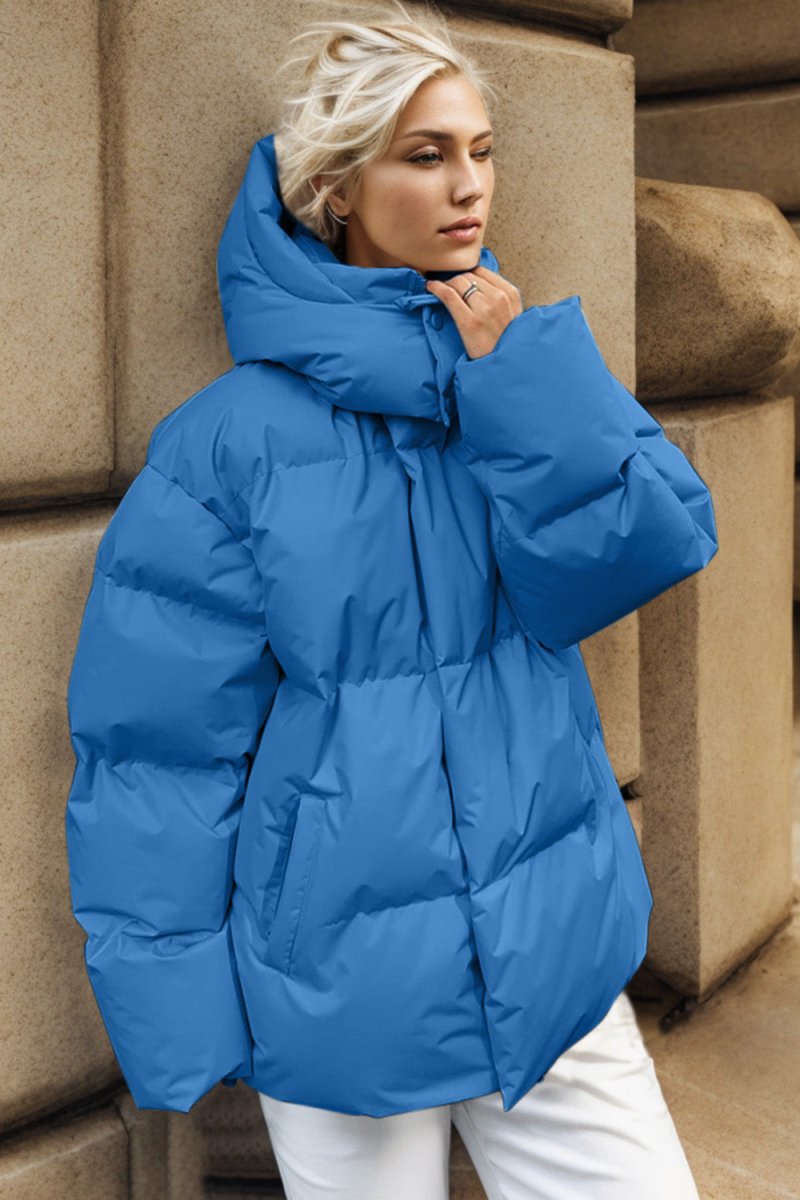 Pocketed Zip Up Hooded Puffer Jacket - Outerwear