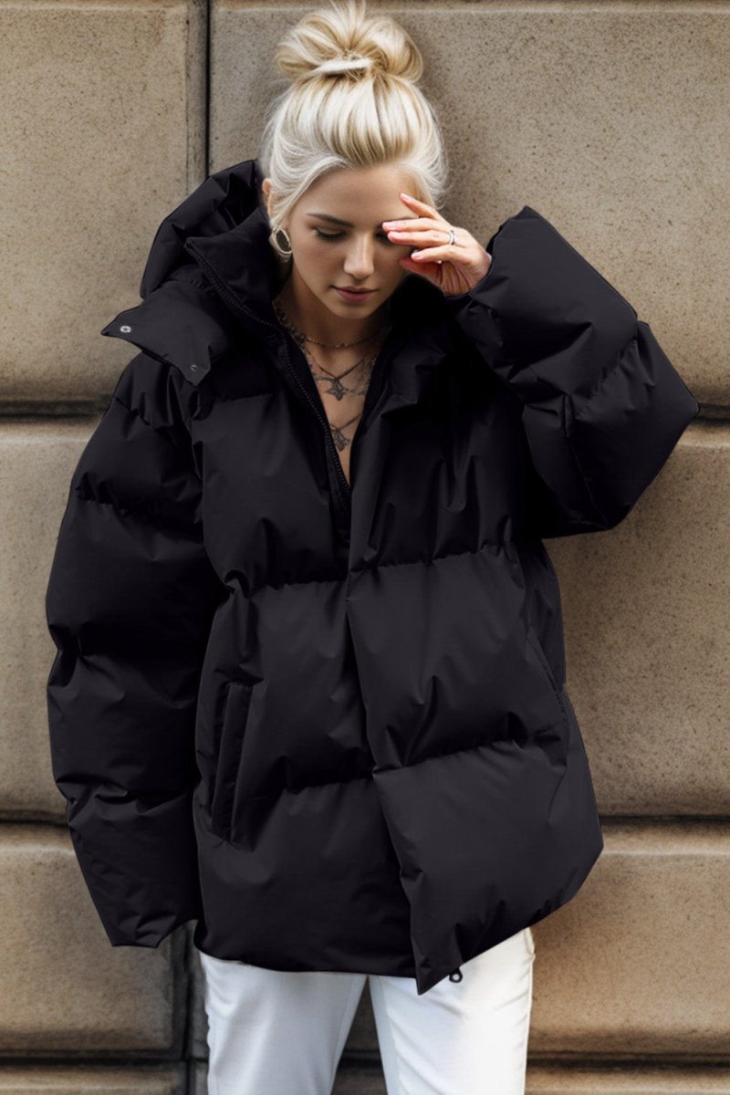 Pocketed Zip Up Hooded Puffer Jacket - Outerwear