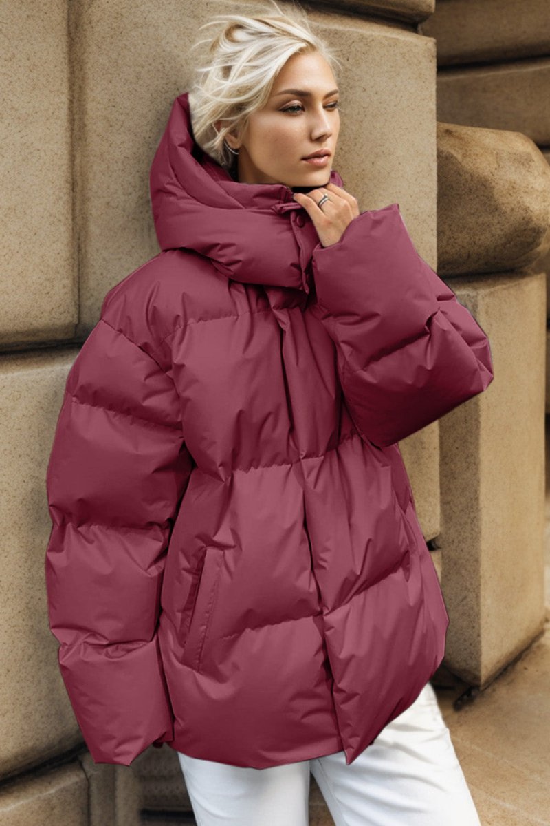 Pocketed Zip Up Hooded Puffer Jacket - Outerwear