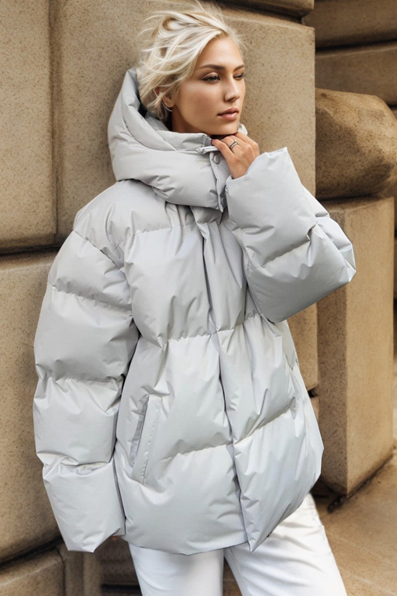 Pocketed Zip Up Hooded Puffer Jacket - Outerwear