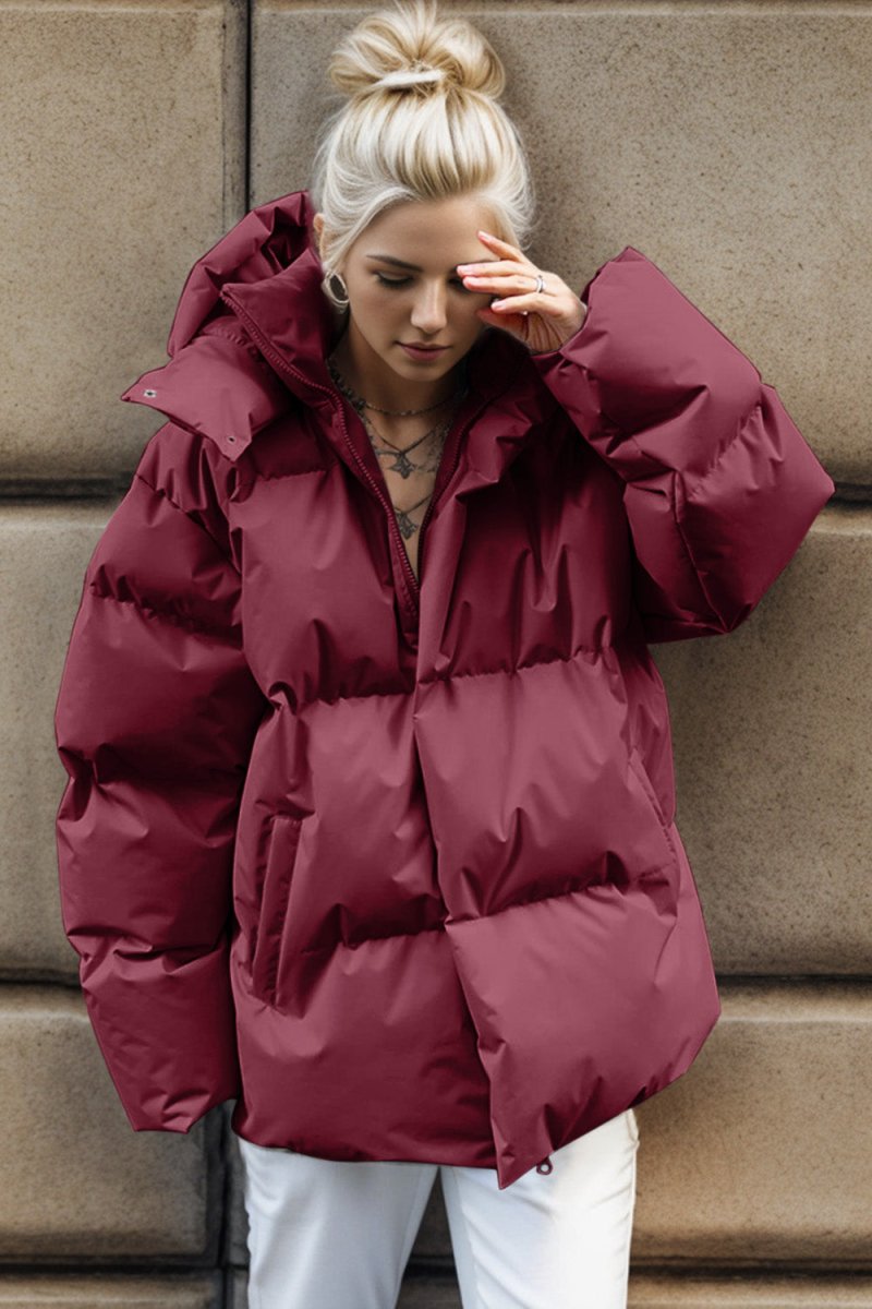 Pocketed Zip Up Hooded Puffer Jacket - Outerwear