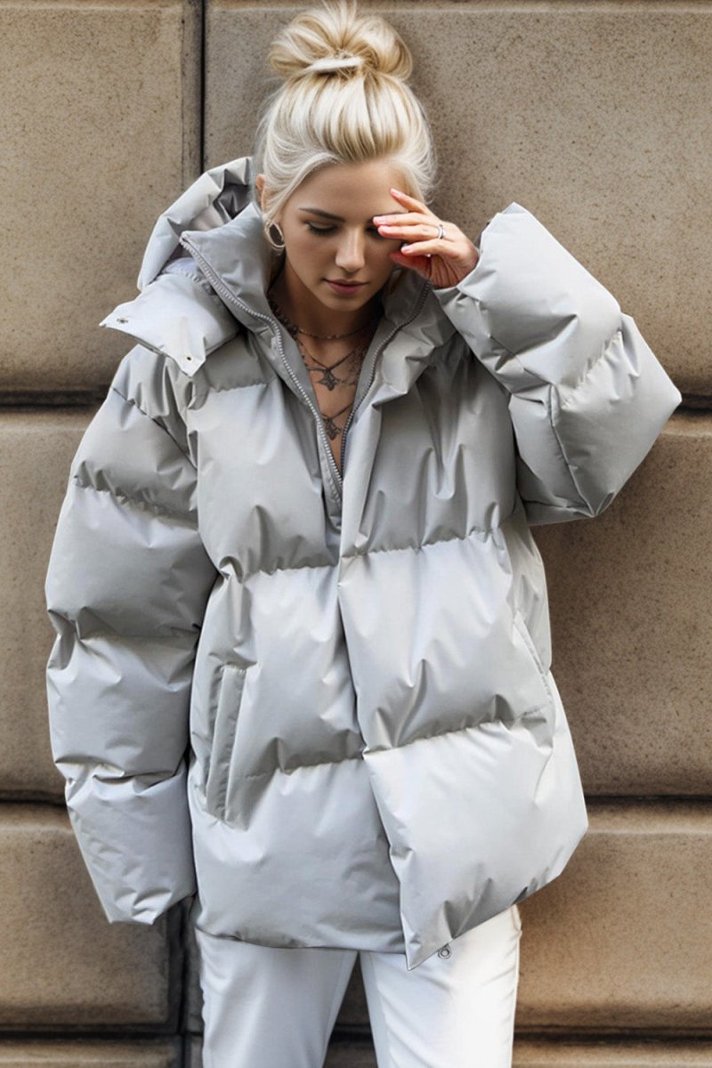 Pocketed Zip Up Hooded Puffer Jacket - Outerwear