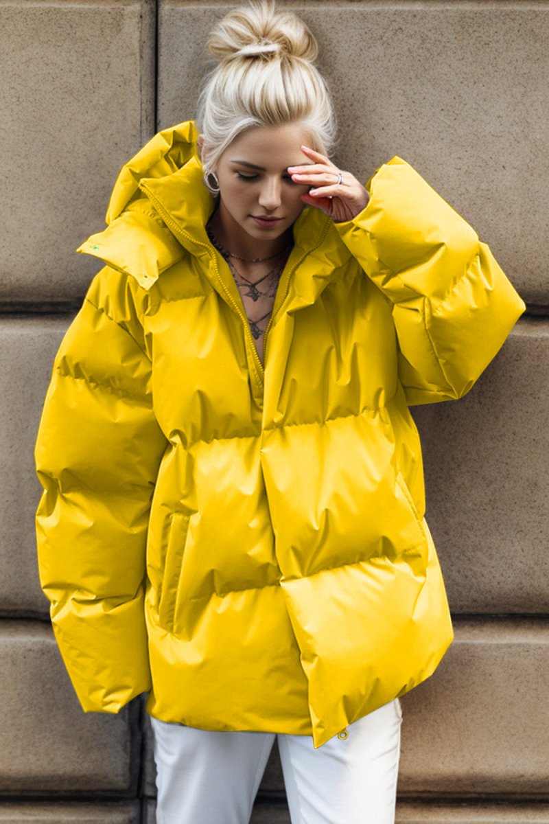 Pocketed Zip Up Hooded Puffer Jacket - Outerwear