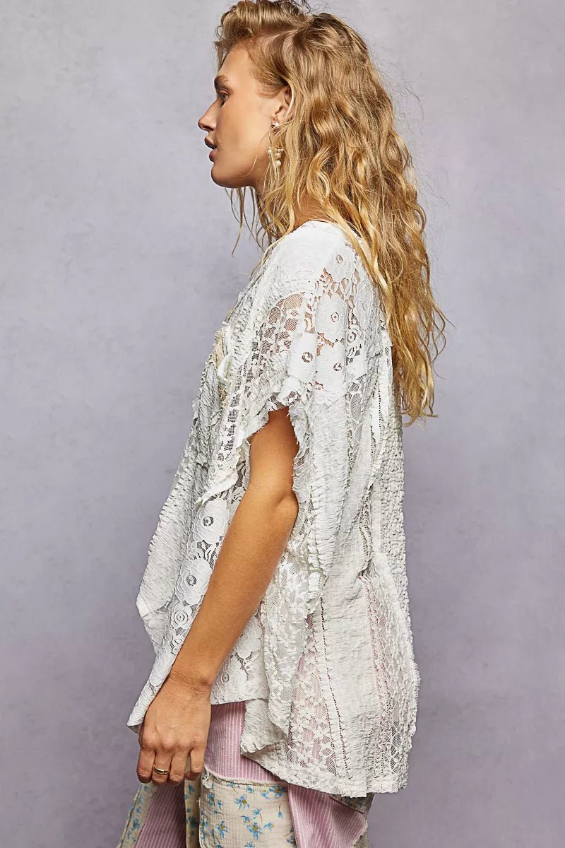 POL Asymmetrical V - Neck Short Sleeve Lace Top - 