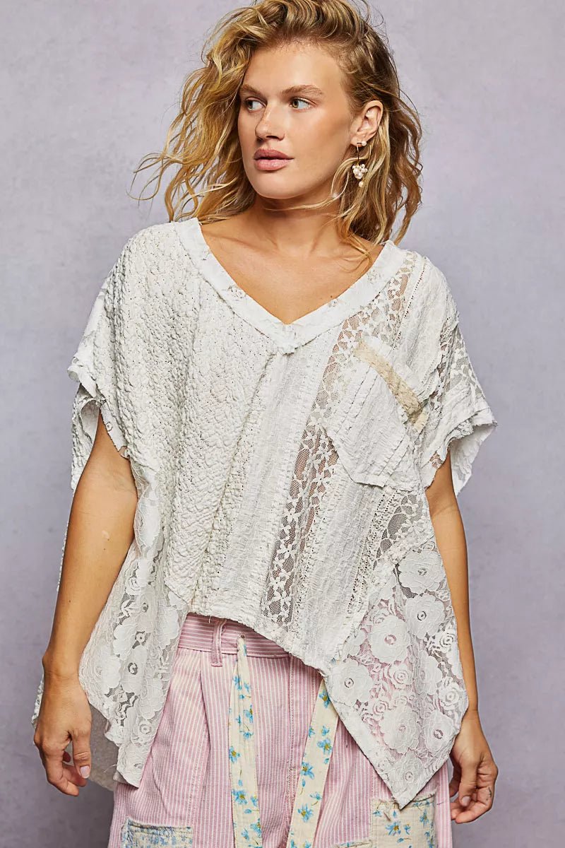 POL Asymmetrical V - Neck Short Sleeve Lace Top - 