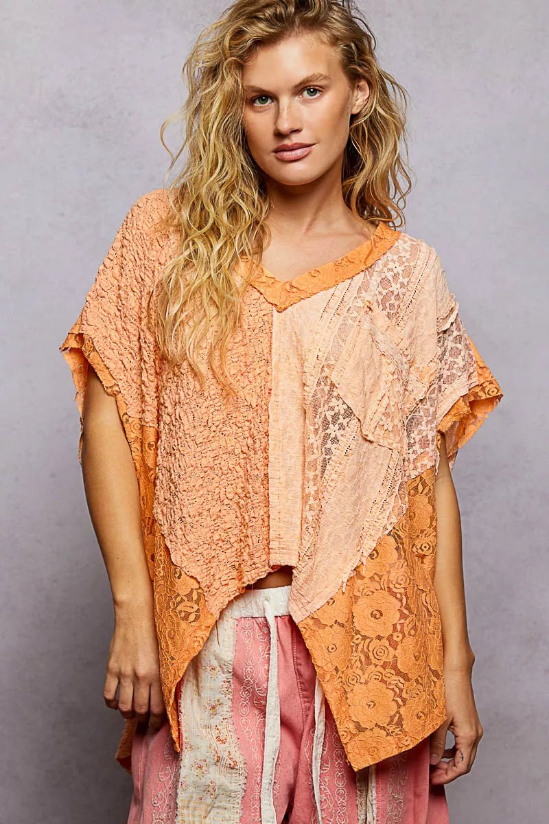 POL Asymmetrical V - Neck Short Sleeve Lace Top - 