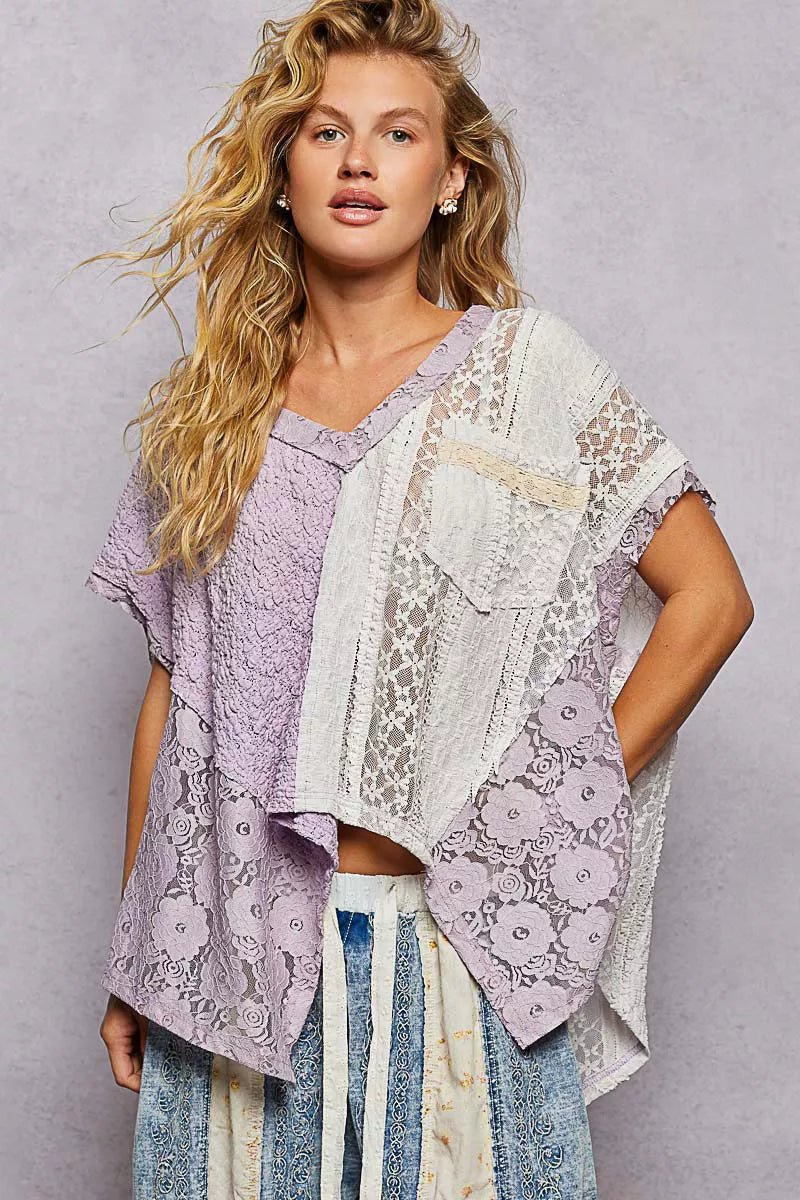 POL Asymmetrical V - Neck Short Sleeve Lace Top - 