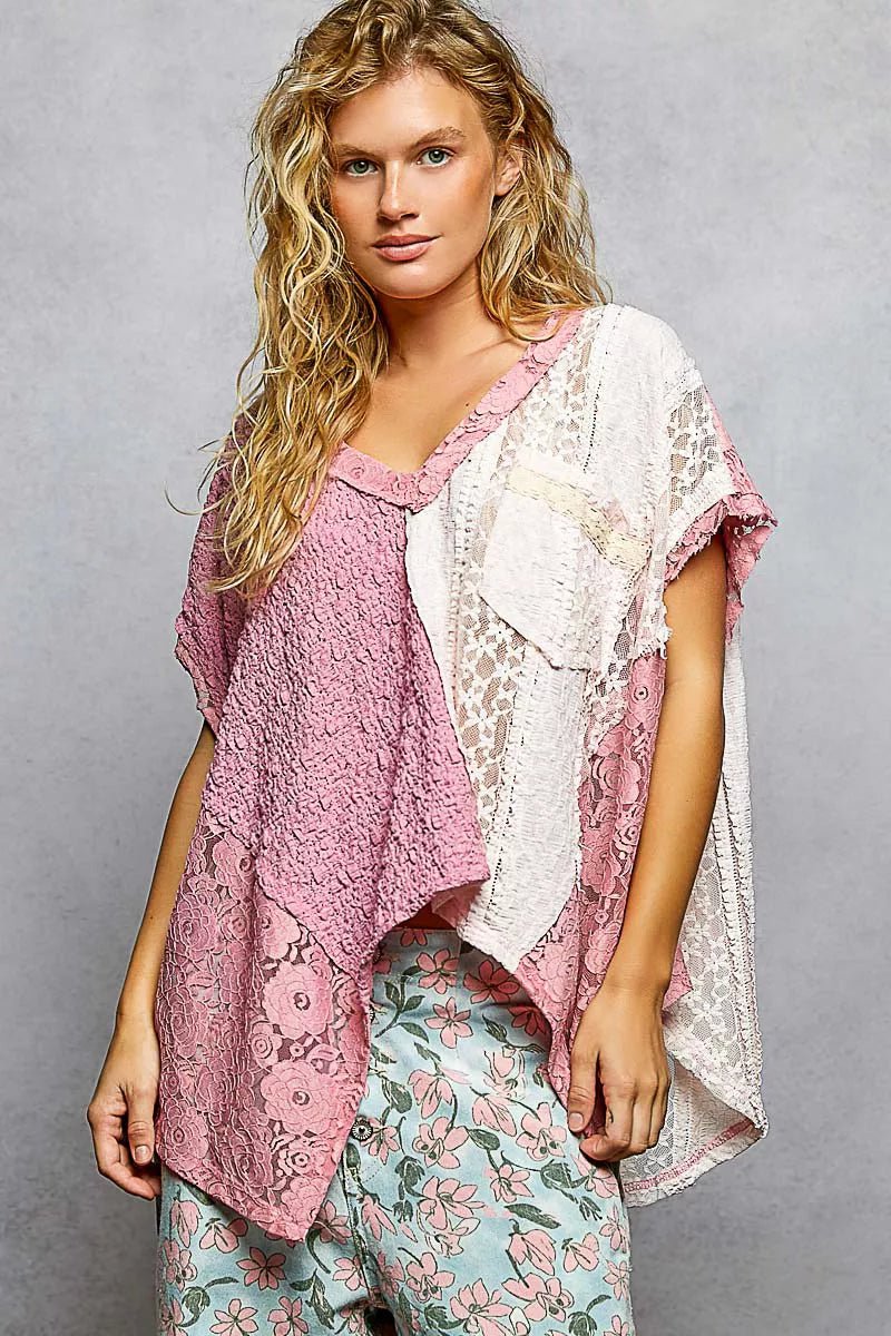 POL Asymmetrical V - Neck Short Sleeve Lace Top - 