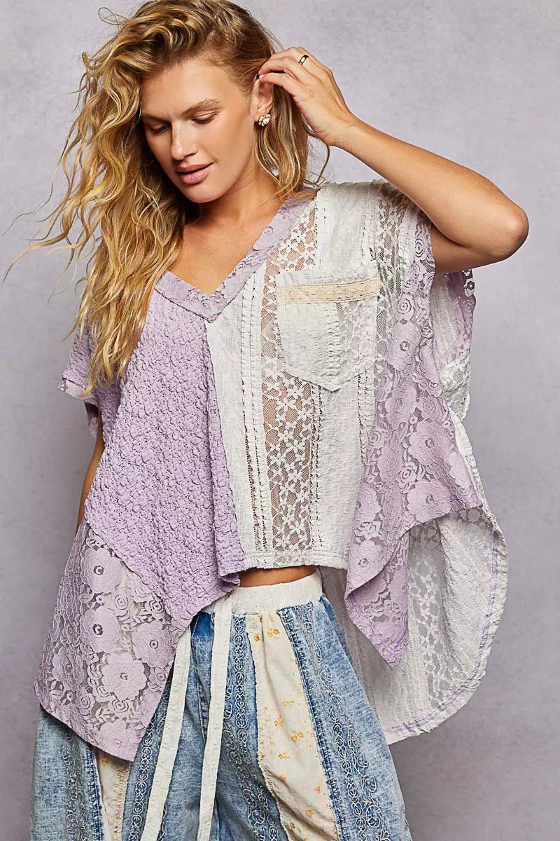 POL Asymmetrical V - Neck Short Sleeve Lace Top - 