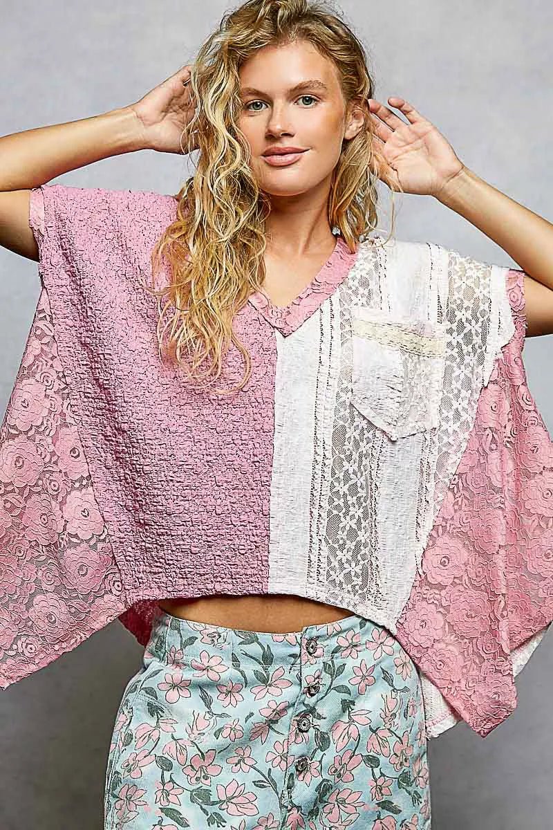 POL Asymmetrical V - Neck Short Sleeve Lace Top - 