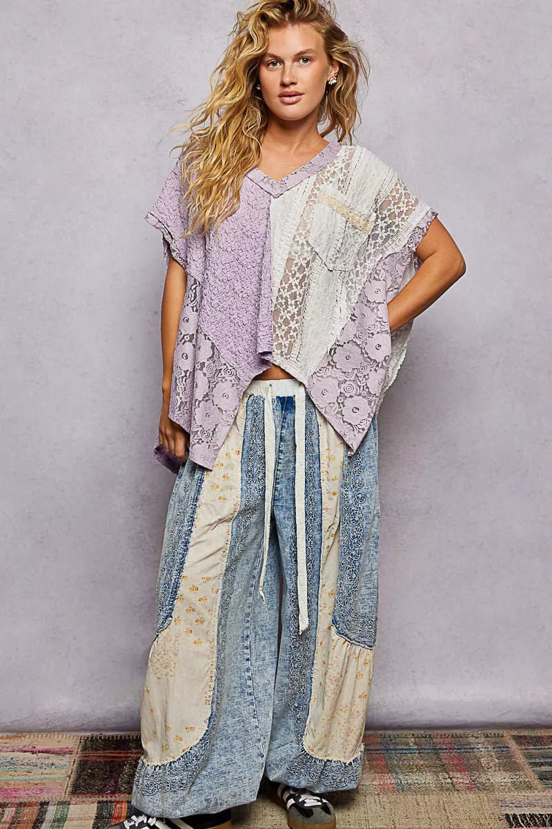 POL Asymmetrical V - Neck Short Sleeve Lace Top - 