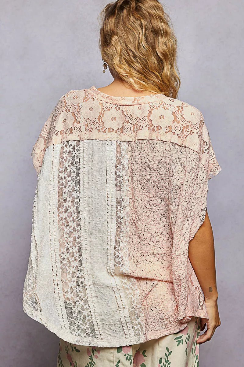POL Asymmetrical V - Neck Short Sleeve Lace Top - 