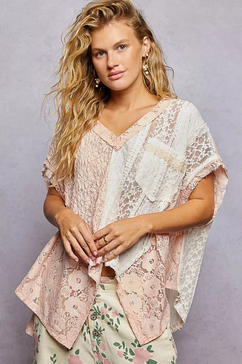 POL Asymmetrical V - Neck Short Sleeve Lace Top - 