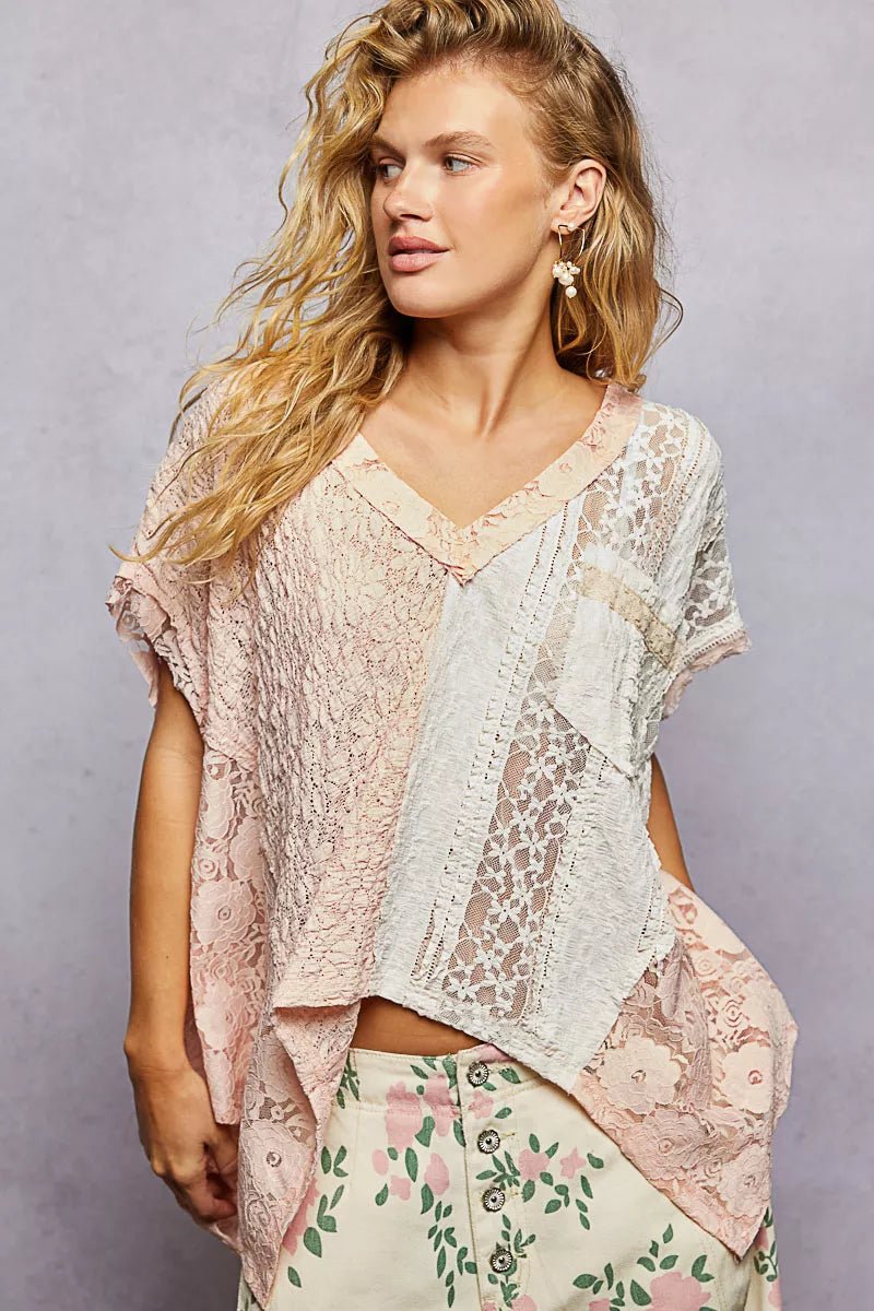 POL Asymmetrical V - Neck Short Sleeve Lace Top - 