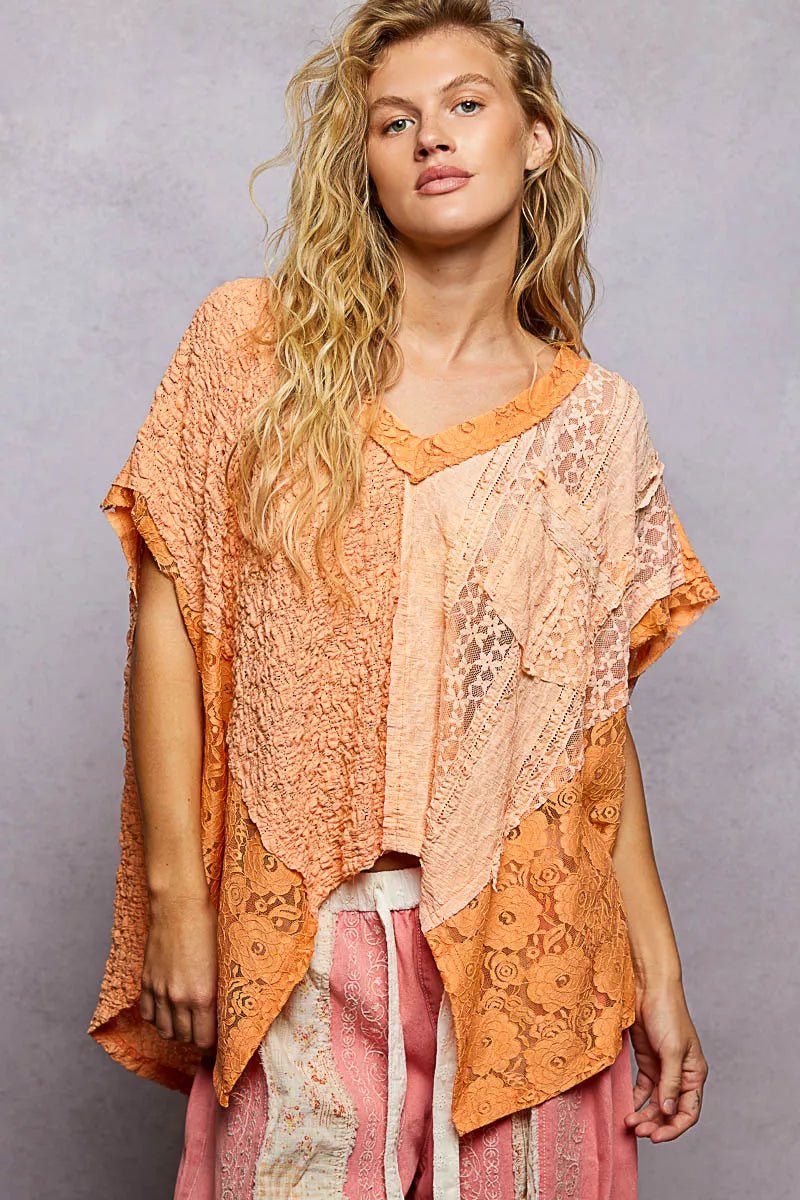 POL Asymmetrical V - Neck Short Sleeve Lace Top - 