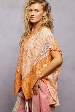 POL Asymmetrical V - Neck Short Sleeve Lace Top - 