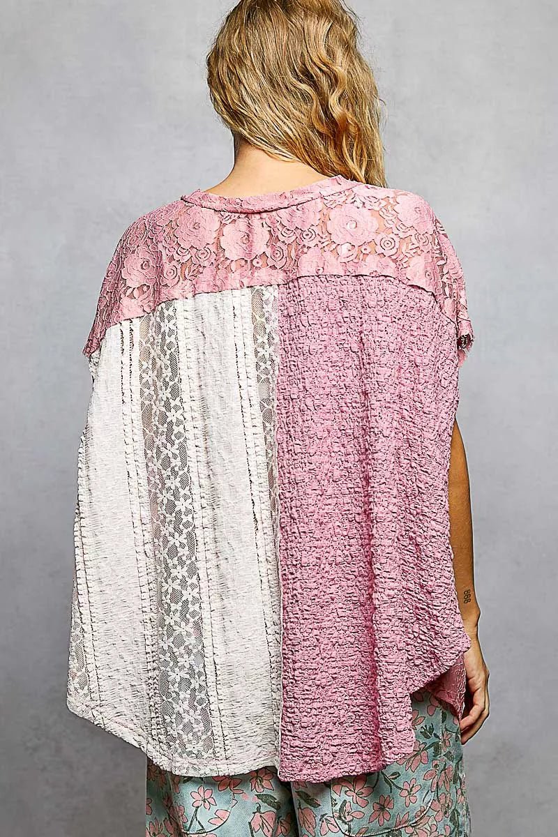 POL Asymmetrical V - Neck Short Sleeve Lace Top - 