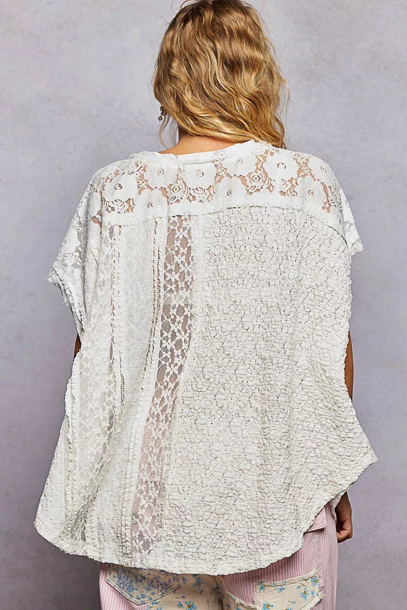 POL Asymmetrical V - Neck Short Sleeve Lace Top - 