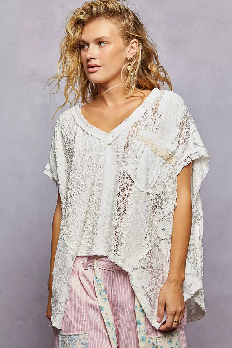 POL Asymmetrical V - Neck Short Sleeve Lace Top - 