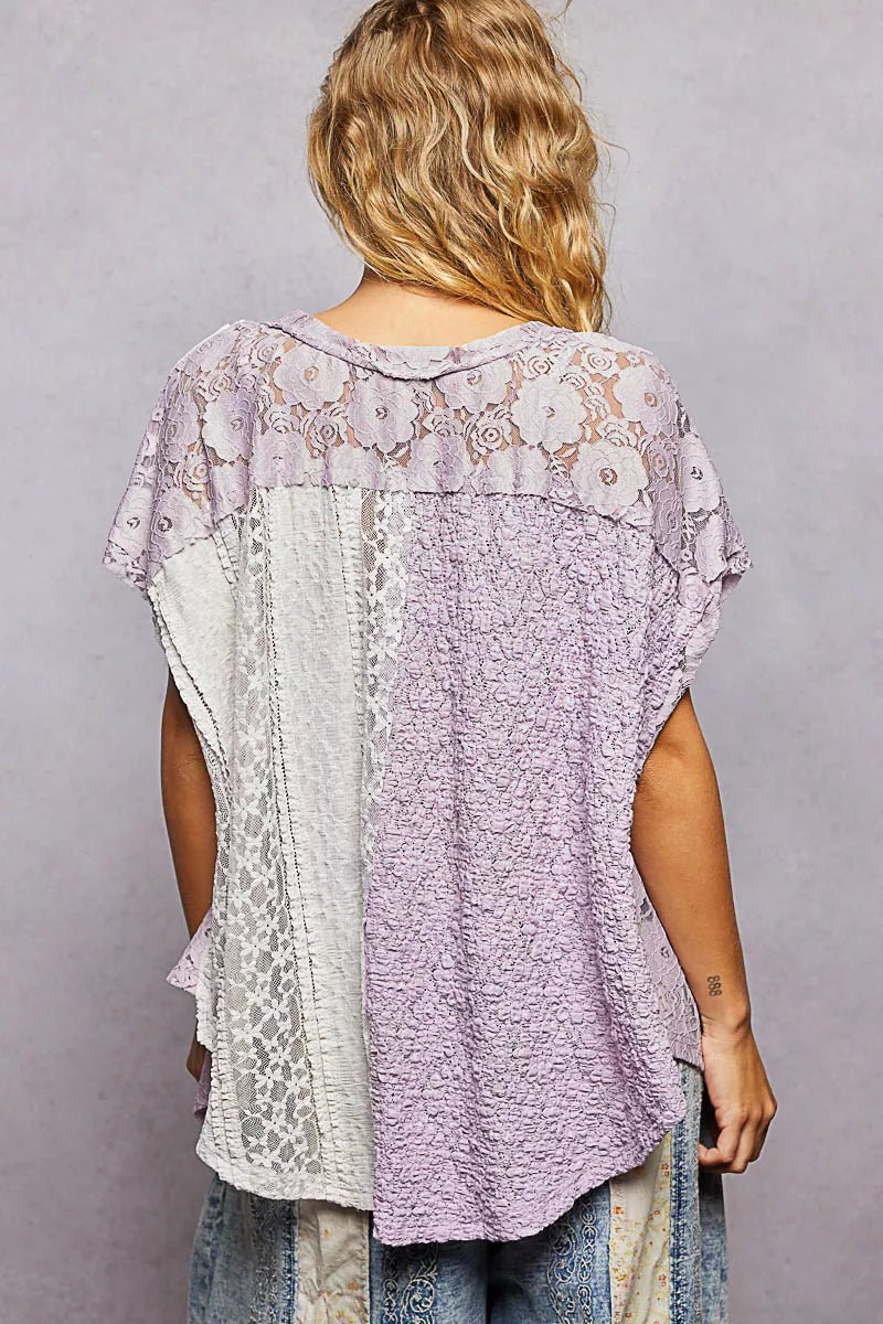 POL Asymmetrical V - Neck Short Sleeve Lace Top - 