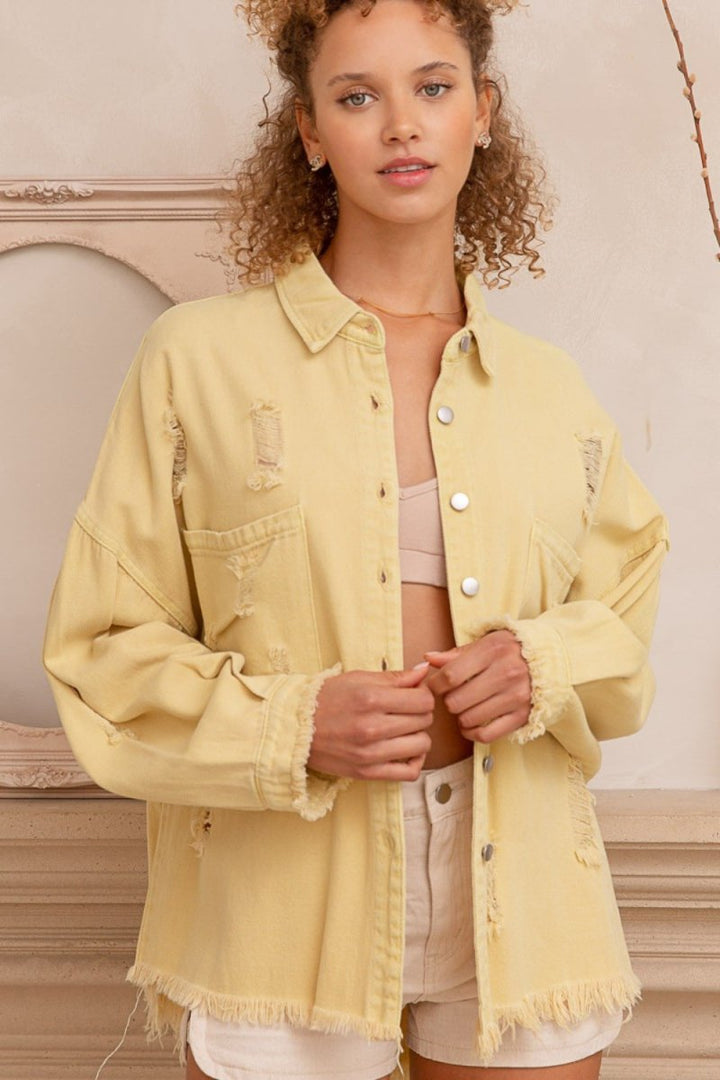 POL Button Down Raw Hem Distressed Shacket - Outerwear