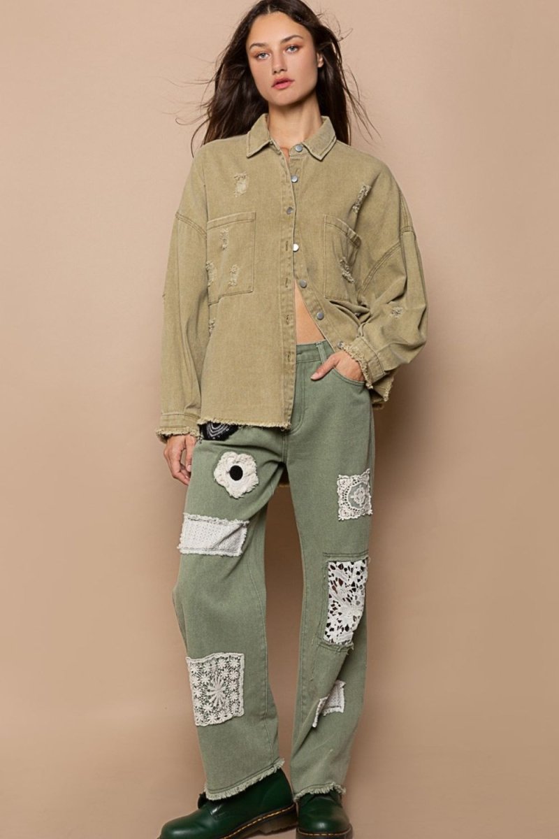 POL Button Down Raw Hem Distressed Shacket - Outerwear
