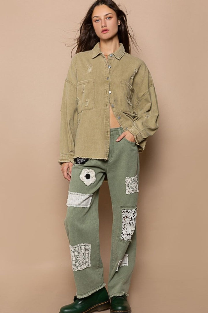 POL Button Down Raw Hem Distressed Shacket - Outerwear