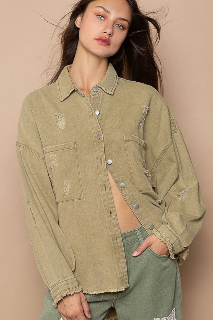 POL Button Down Raw Hem Distressed Shacket - Outerwear