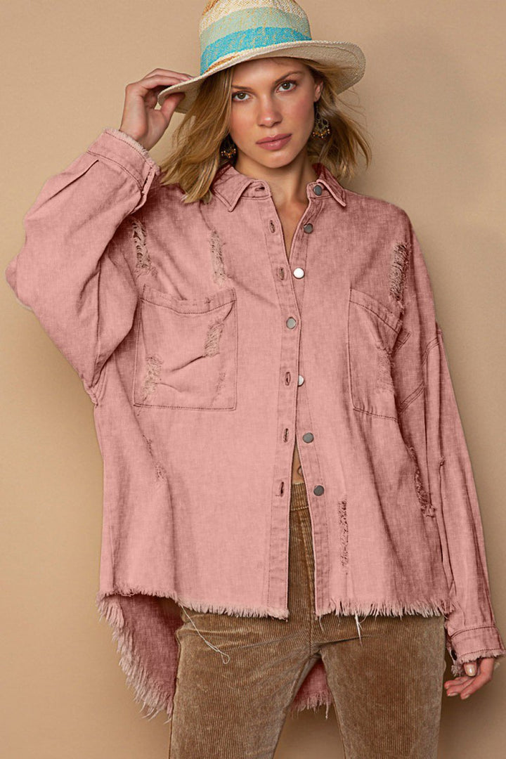 POL Button Down Raw Hem Distressed Shacket - Outerwear