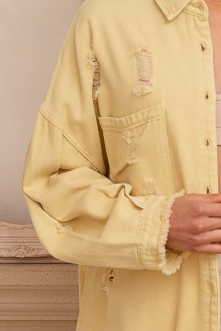 POL Button Down Raw Hem Distressed Shacket - Outerwear
