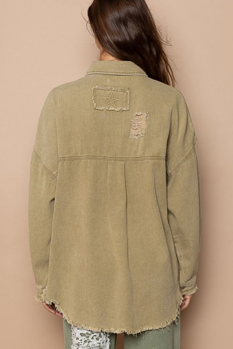 POL Button Down Raw Hem Distressed Shacket - Outerwear