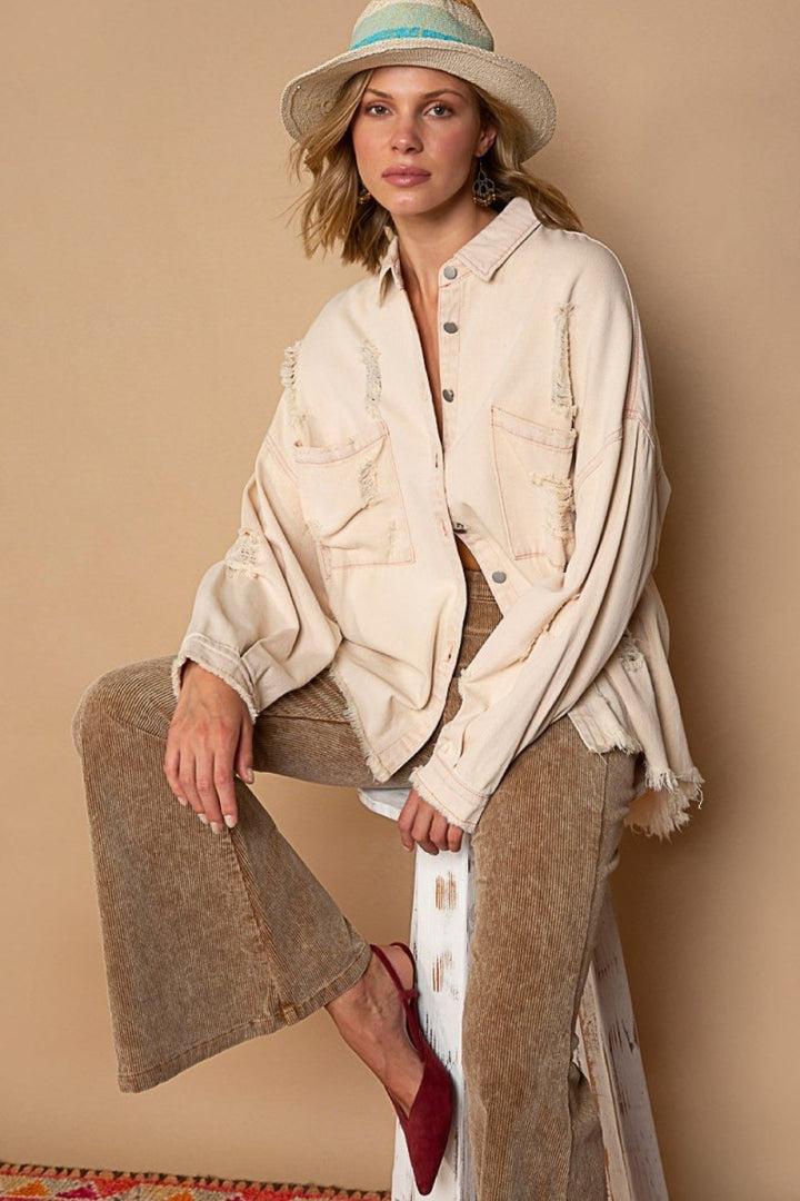 POL Button Down Raw Hem Distressed Shacket - Outerwear