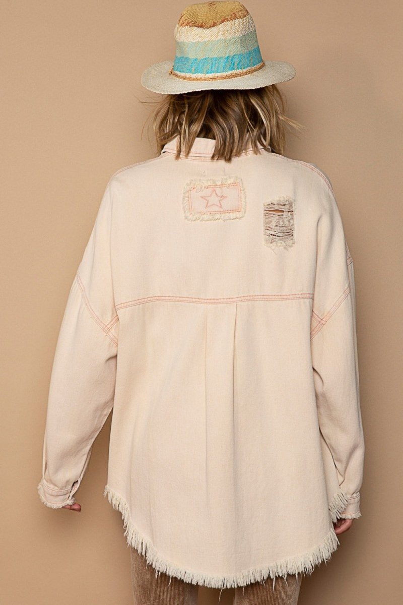 POL Button Down Raw Hem Distressed Shacket - Outerwear