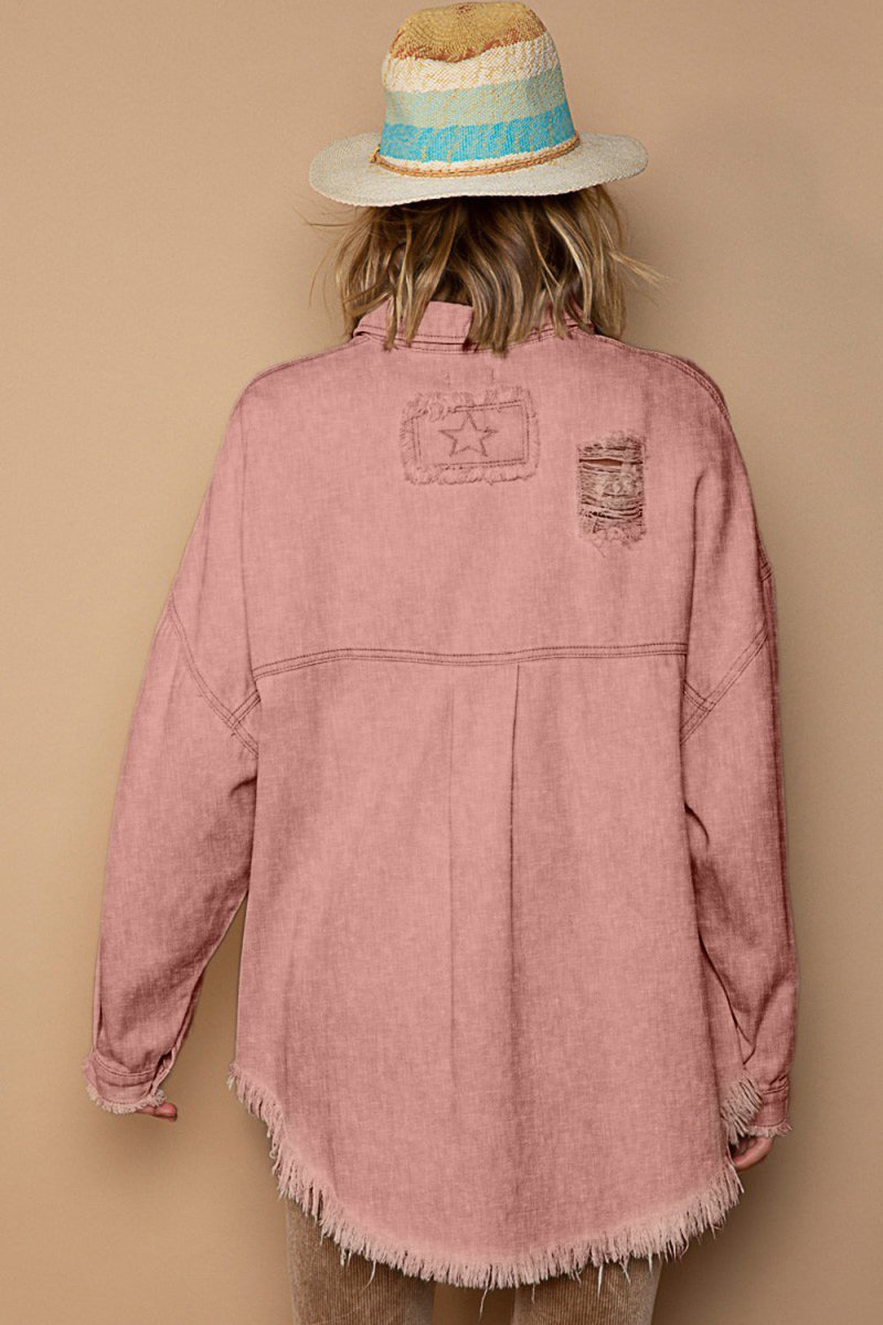 POL Button Down Raw Hem Distressed Shacket - Outerwear