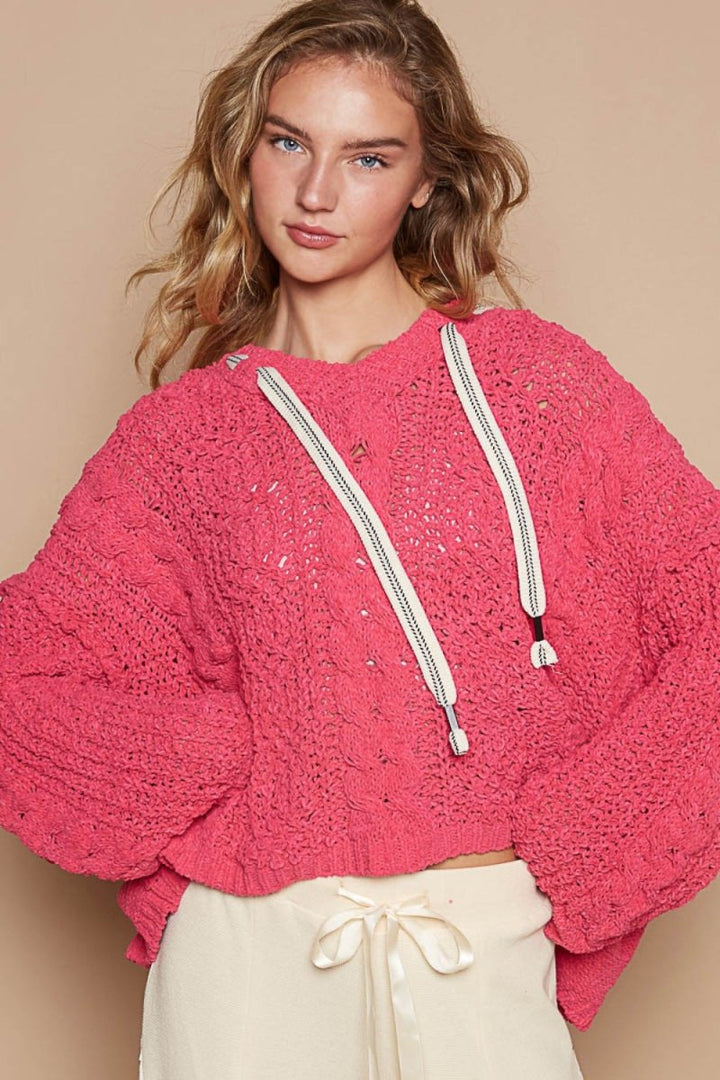 POL Cable Knit Hooded Chenille Sweater - Outerwear