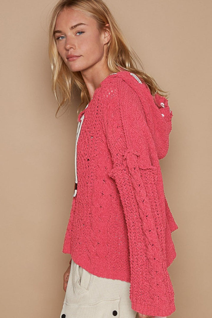 POL Cable Knit Hooded Chenille Sweater - Outerwear