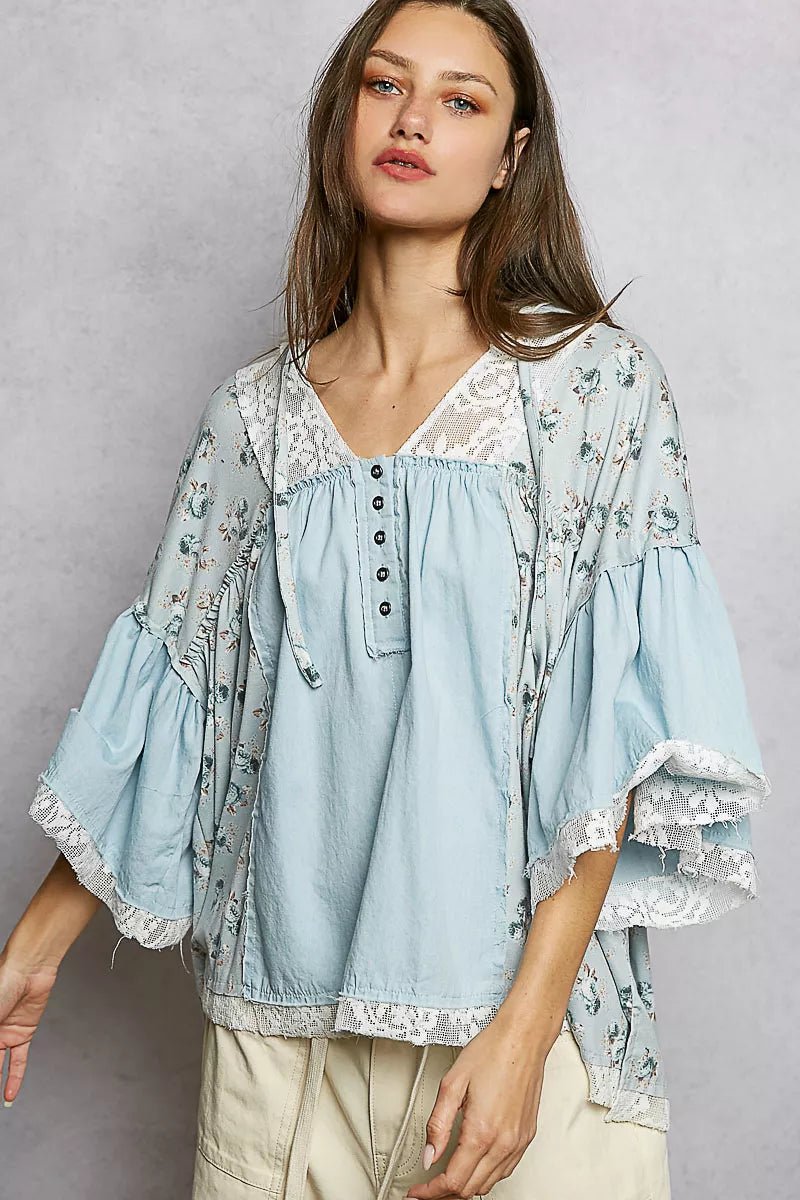 POL Double Gauze Floral Patch Blouse with Lace Detail - 