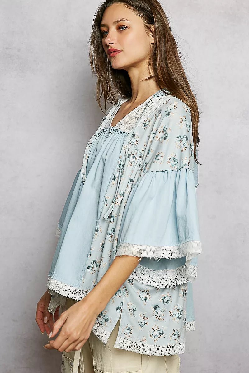 POL Double Gauze Floral Patch Blouse with Lace Detail - 