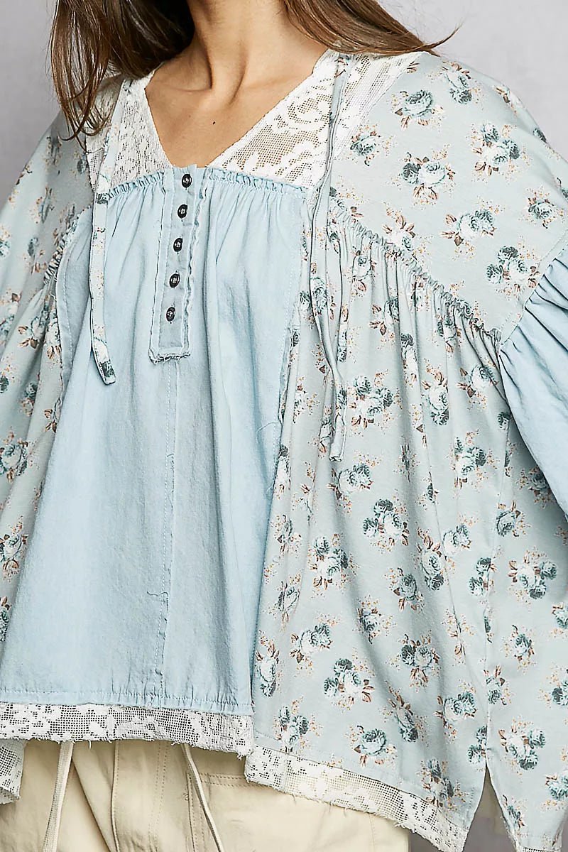 POL Double Gauze Floral Patch Blouse with Lace Detail - 