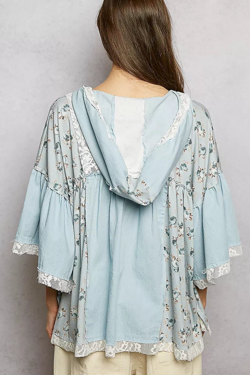 POL Double Gauze Floral Patch Blouse with Lace Detail - 