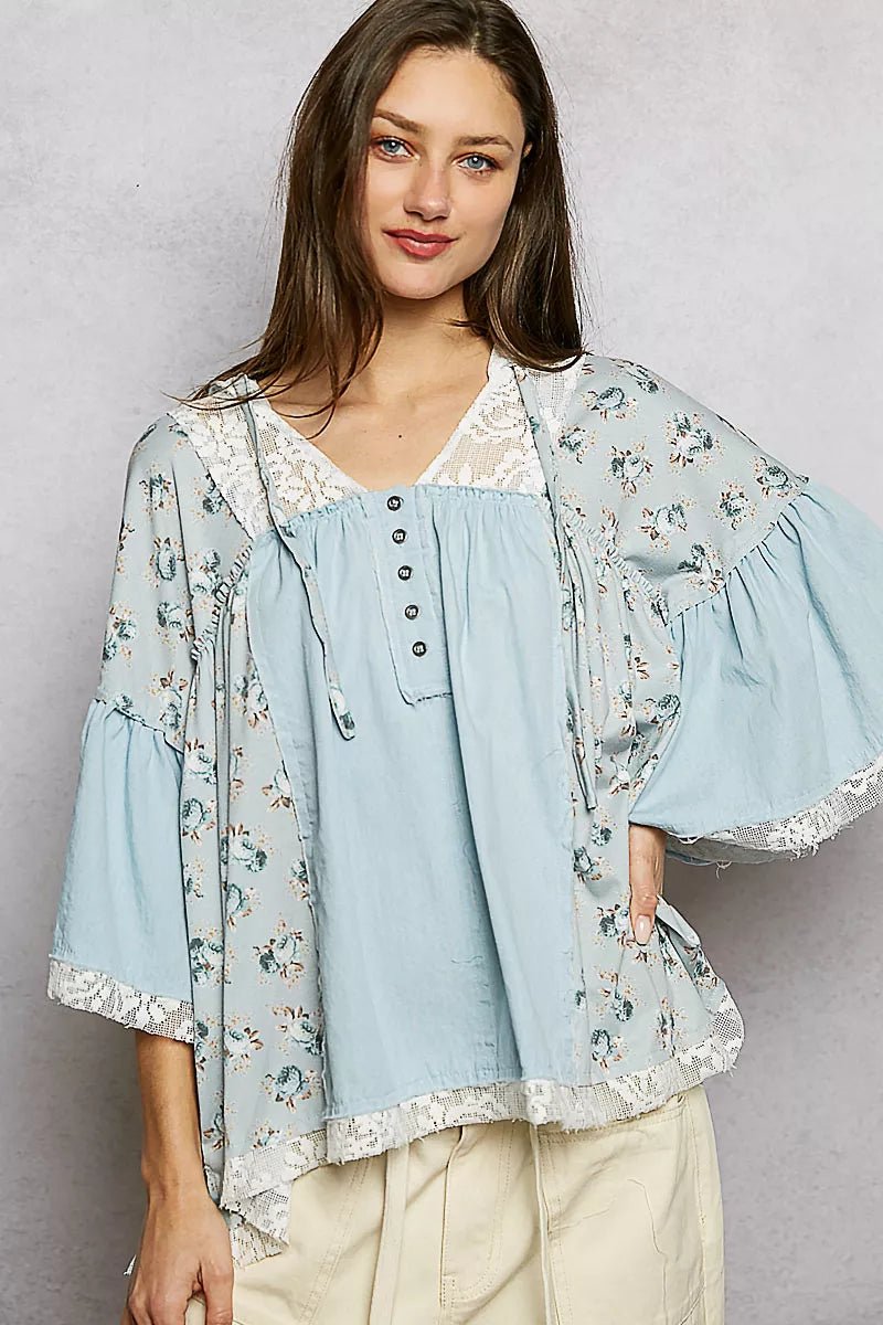 POL Double Gauze Floral Patch Blouse with Lace Detail - 
